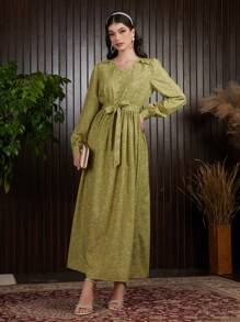 Al Najma 女款阿拉伯風格印花線條褶皺洋裝 - 黃色 - 查看 3