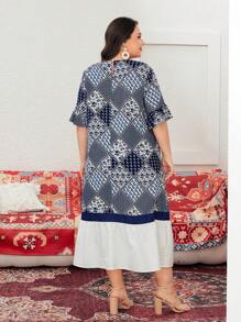 Mulvari Plus Size Women's Patchwork Printed Dress - Navy Blue - View 2