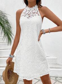 Breezaya Solid Color Hollow Out Embroidery Patchwork Halter Neck Dress Vacation Beach Outfits Women - White - View 6
