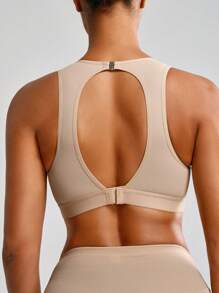 Women's See-Through Mesh Splice Backless Crop Top With Shapewear Function - Khaki - View 2