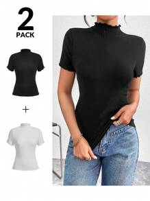 SHEIN Essnce Women's Summer Casual Basic All-Match Half High Collar Wave Edge Ribbed 2 Packs T-Shirt,2 Packs - Black and White - View 4