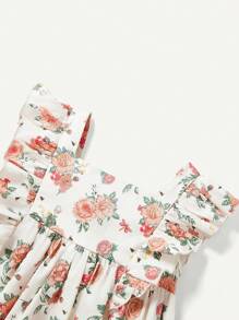 Cozy Pixies Baby Girl Floral Print Square Neckline Dress With Ruffle Trim And Waist Belt - Apricot - View 3