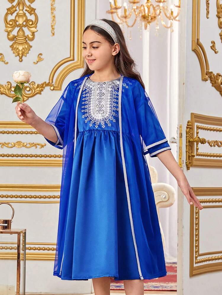 2pcs/Set Loose And Cute Round Neck Dress Set For Tween Girls