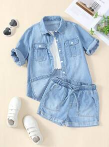 SHEIN Tween Girls' College Style Casual Loose Comfortable Soft Denim Top And Shorts 2pcs/Set - Light Wash - View 1