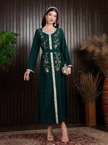 Al Najma 女士水晶装饰编织腰带拼接优雅卡夫坦连衣裙，优雅晚会连衣裙 - 綠色 - 查看 7