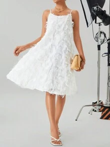 Chiquease Ladies' Solid Color Fringe Spaghetti Strap Dress - White - View 4