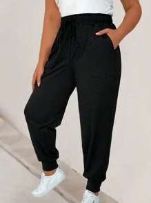 SHEIN LUNE Talla grande Pantalones de cintura con cordón con bolsillo oblicuo - Negro - Ver 4