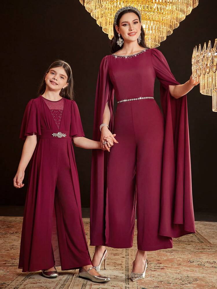 Burgundy Red 1pc Women's Jumpsuit With Cape Sleeves & Rhinestone Details, Waist Chain Not Included