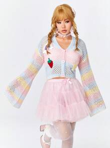 ROMWE Kawaii 女士草莓彩虹图案镂空钩针开衫，学校 - 彩色 - 查看 8