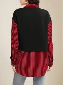 SHEIN Unity Striped Button-Front Shirt With Patchwork Design - Red and Black - View 2