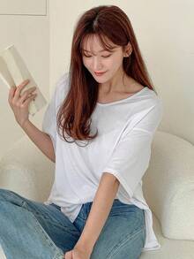 DAZY Ladies' Solid Color Simple Drop Shoulder T-Shirt - White - View 6