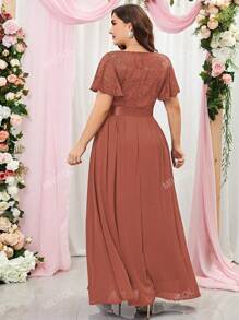 MIUSOL Plus Size Contrast Floral Lace Flounce Sleeve Chiffon Formal Evening Party Dress Wedding Guest Dress,Gown