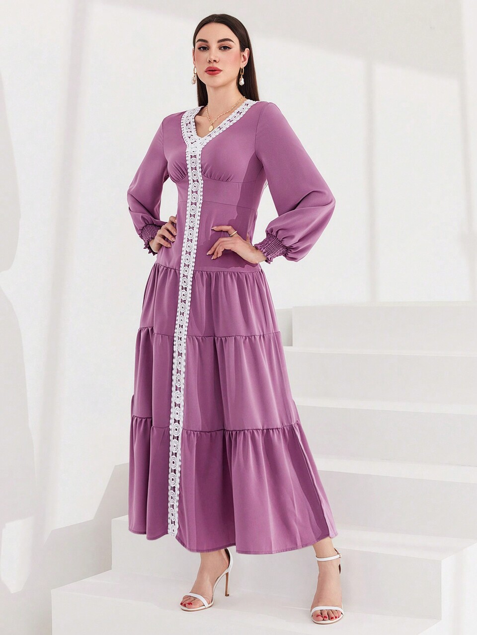 Women's Lace Splicing Ruffled Hem Dress