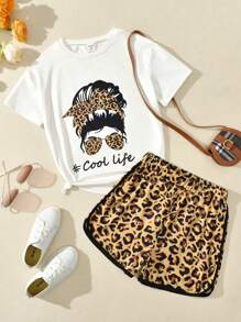 Teenage Girl's Leopard Print Portrait Mural Short-Sleeved T-Shirt And Shorts Set, School, Campus, College - White - View 1