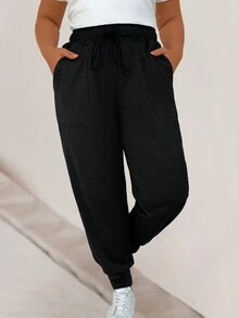 SHEIN LUNE Talla grande Pantalones de cintura con cordón con bolsillo oblicuo - Negro - Ver 5