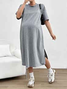 SHEIN 孕婦休閒寬鬆中長款連衣裙,圓領設計和側開叉設計 - 灰色 - 查看 5