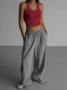 DAZY 女士純色圓領夏季背心上衣 - 酒紅色 - 查看 3