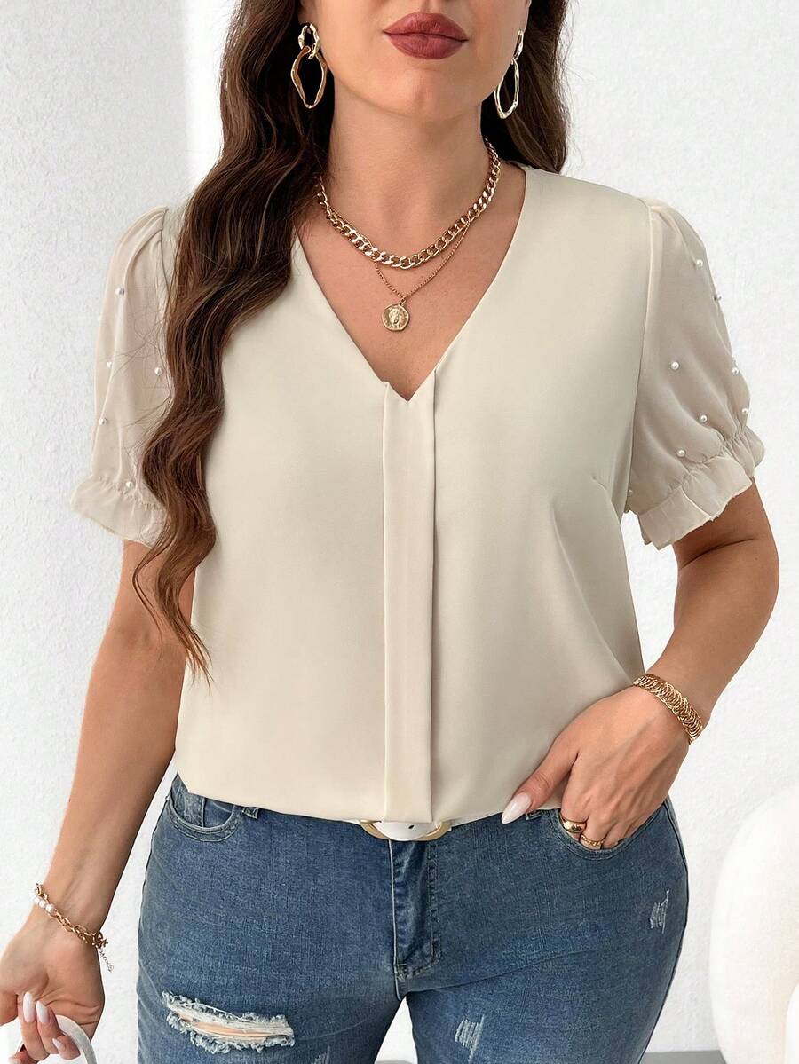 SHEIN Franclia Kích thước lớn Của phụ nữ Thanh lịch Ống tay áo Ngọc trai Giả Áo sơ mi - Màu be - Xem 1