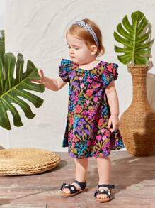 SHEIN Dziewczynka Lato Wakacje Kwiatowy Rękaw Nasadki Sukienki - Wielokolorowe - Zobacz 1