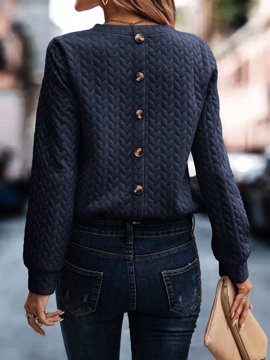 SHEIN Clasi 後紐扣落肩袖運動衫 - 藏蓝色 - 查看 1