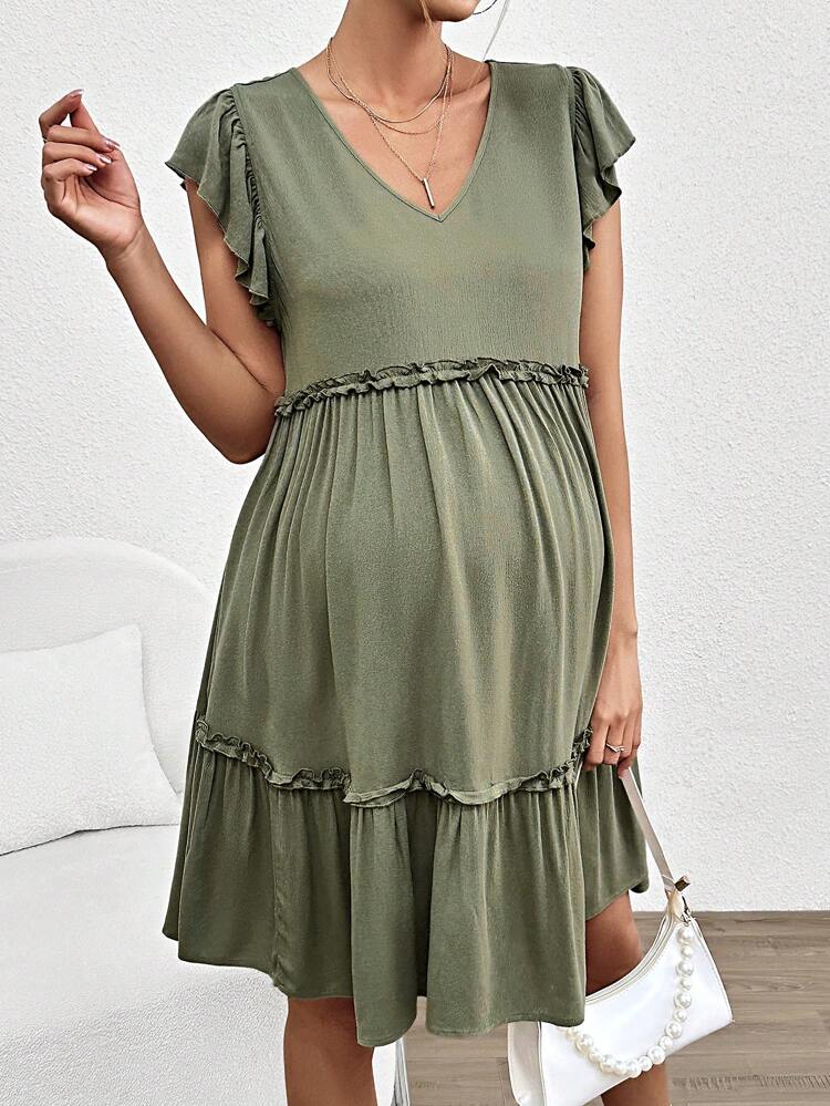Maternity Young Casual V-Neck Loose Cap Sleeve A-Line Dress