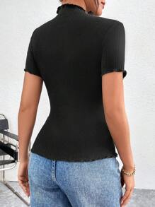 SHEIN Essnce Women's Summer Casual Basic All-Match Half High Collar Wave Edge Ribbed 2 Packs T-Shirt,2 Packs - Black and White - View 5