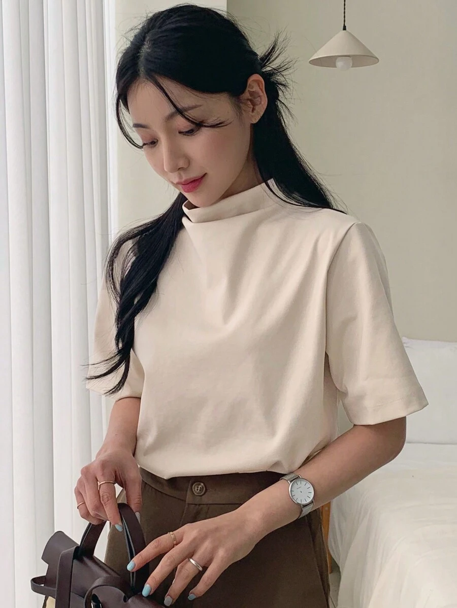 DAZY 女士褶皺短袖t卹 - 杏色 - 查看 1