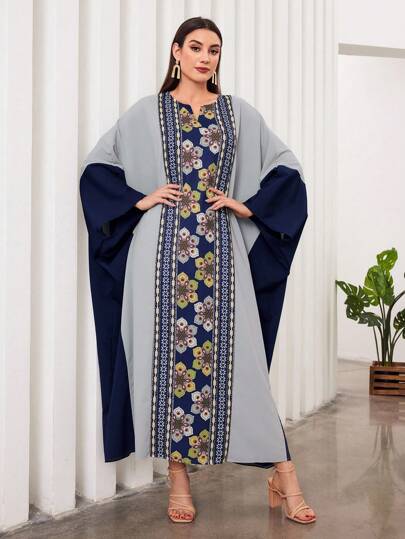 Al Najma 土耳其風格花卉印花拼色蝙蝠翼袖設計長外衣