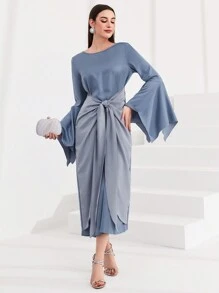 Modelyn Women's Asymmetrical Bell Sleeve Tied Front Dress - Blue - View 4