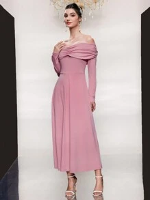 Modelyn Women's Solid Color Pleated Off Shoulder Long Sleeve Dress Long Evening Dresses Fall Cloth For Women - Pink - View 5