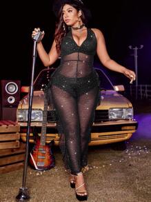 Allurite Body De Malla Transparente De Tamaño Plus De Mujer Con Pedrería Brillante Resistente