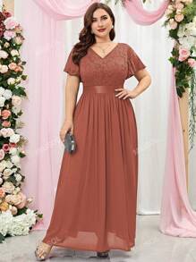 MIUSOL Plus Size Contrast Floral Lace Flounce Sleeve Chiffon Formal Evening Party Dress Wedding Guest Dress,Gown