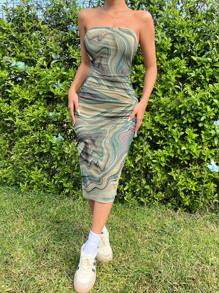 SHEIN EZwear Printed Mesh Strapless Bodycon Dress For Women