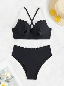 SHEIN Swim Summer Women's Bikini Set With Arc-Shaped Rim And Faux Pearl Decoration - Black - View 6