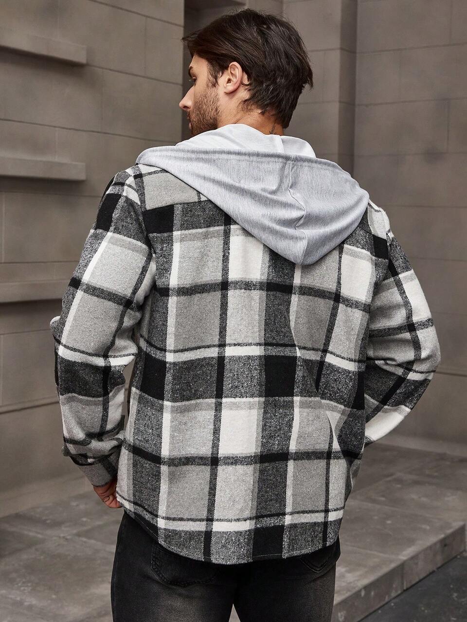 Men's Plus Size Hooded Checked Pattern Long Sleeve Shacket
