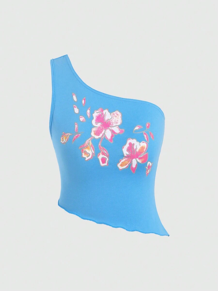 SHEIN Unity Ladies' One Shoulder Sleeveless Top With Floral Print - Blue - View 1
