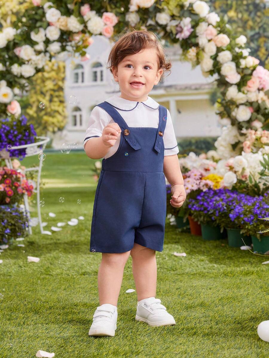 2 piezas Conjunto de top con cuello Peter Pan y pantalones cortos con tirantes azules para bebé niño, elegante y lindo atuendo informal de caballero para uso diario, primavera/verano - Multicolor - Ver 1