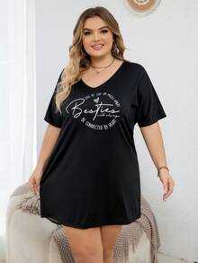 Kích thước lớn Của phụ nữ Giải trí Love Tim In Đồ ngủ Đầm - màu đen - Xem 4