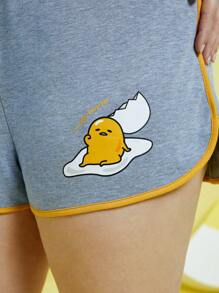 Gudetama X SHEIN 加大號漫畫圖案撞色綁帶短袖t恤和短褲 - 灰色 - 查看 3