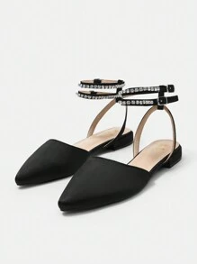 Ladies' Comfortable Pointed Toe Flat Shoes With Rhinestone Strap - Black - View 6