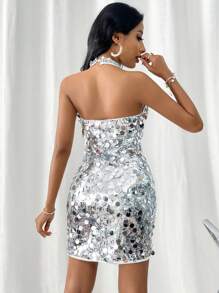 SHEIN Privé Damen Glitzer Pailletten Trägerkleid, kurz, geeignet für Dates, Partys und Treffen mit Freundinnen - Silber - Übersicht 3