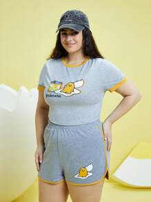 Gudetama X SHEIN 加大號漫畫圖案撞色綁帶短袖t恤和短褲 - 灰色 - 查看 4