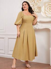 Modelyn Vestido de talla grande para mujer con cuello cuadrado y mangas cortas abullonadas, vestido de invitada de boda - Amarillo - Ver 1