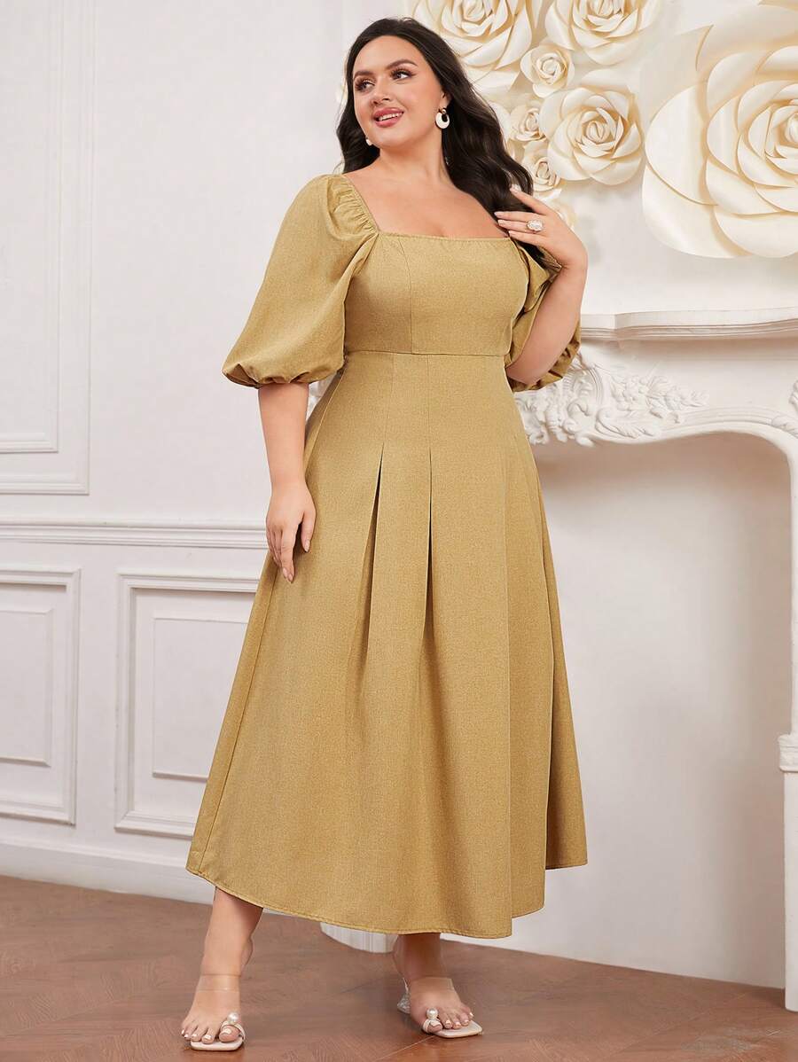 Modelyn Vestido de talla grande para mujer con cuello cuadrado y mangas cortas abullonadas, vestido de invitada de boda - Amarillo - Ver 1