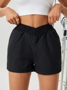 SHEIN Essnce 女士不對稱高腰短褲,折疊口袋款式 - 黑色 - 查看 4