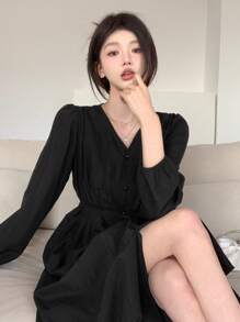 DAZY 女式v領長袖連衣裙 - 黑色 - 查看 3