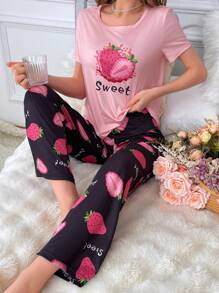 Women's Strawberry & Letter Print Pajama Set - Multicolor - View 6