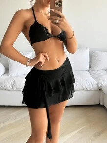 SHEIN ICON Women's Multi-Layer Ruffle Trim Low Rise Y2K Mini Black Skirt - Black - View 4