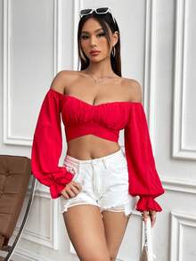 SHEIN WYWH 女士露肩鐘形袖短上衣 - 紅色 - 查看 5