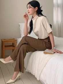 DAZY 女士褶皺短袖t卹 - 杏色 - 查看 8